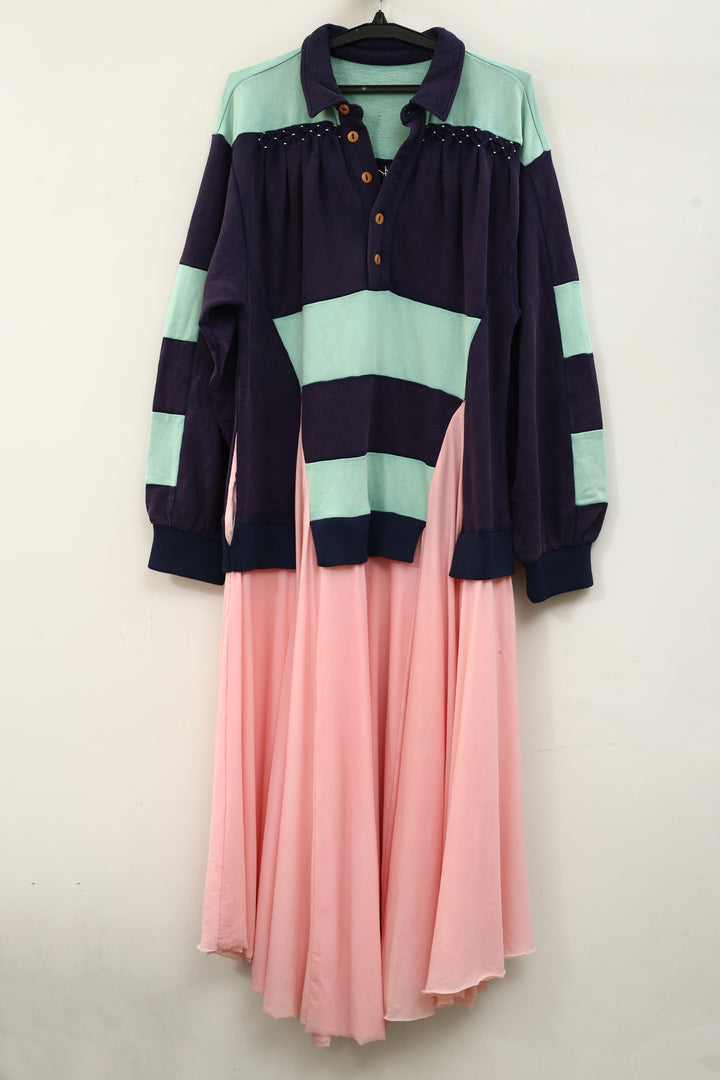 Free People Collared Long Sleeve Color-Block Oversized Long Dress