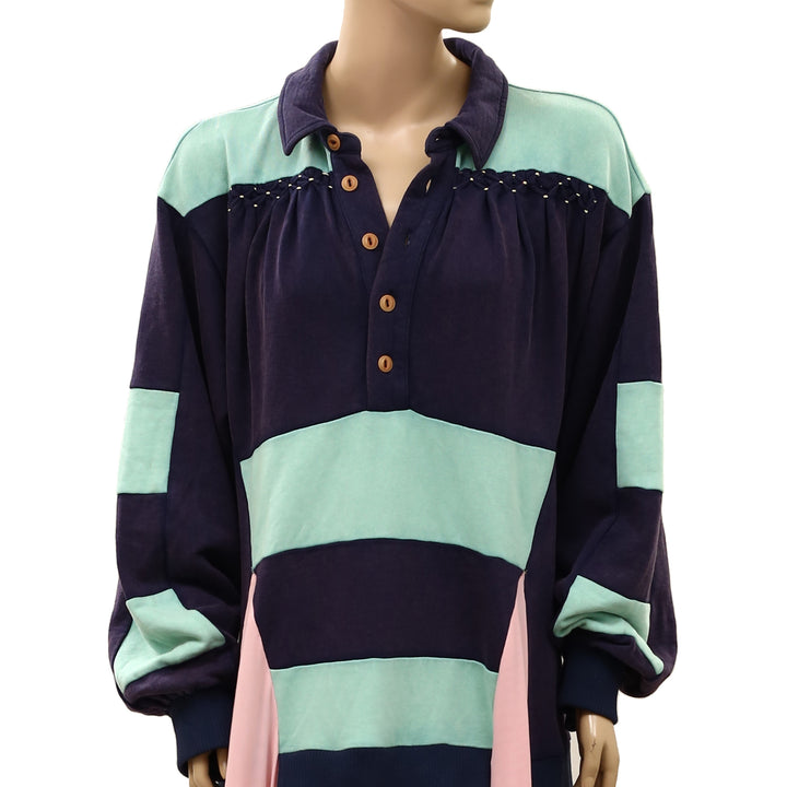 Free People Collared Long Sleeve Color-Block Oversized Long Dress