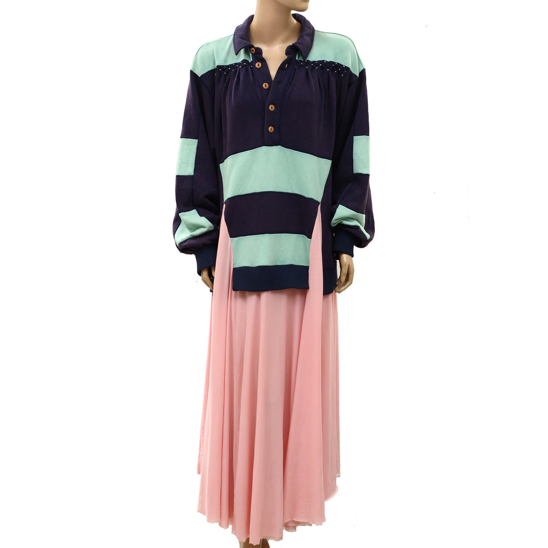 Free People Collared Long Sleeve Color-Block Oversized Long Dress