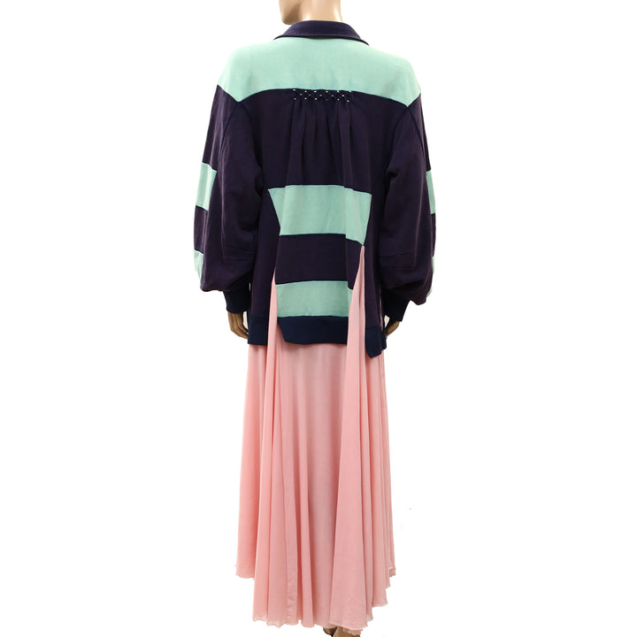 Free People Collared Long Sleeve Color-Block Oversized Long Dress