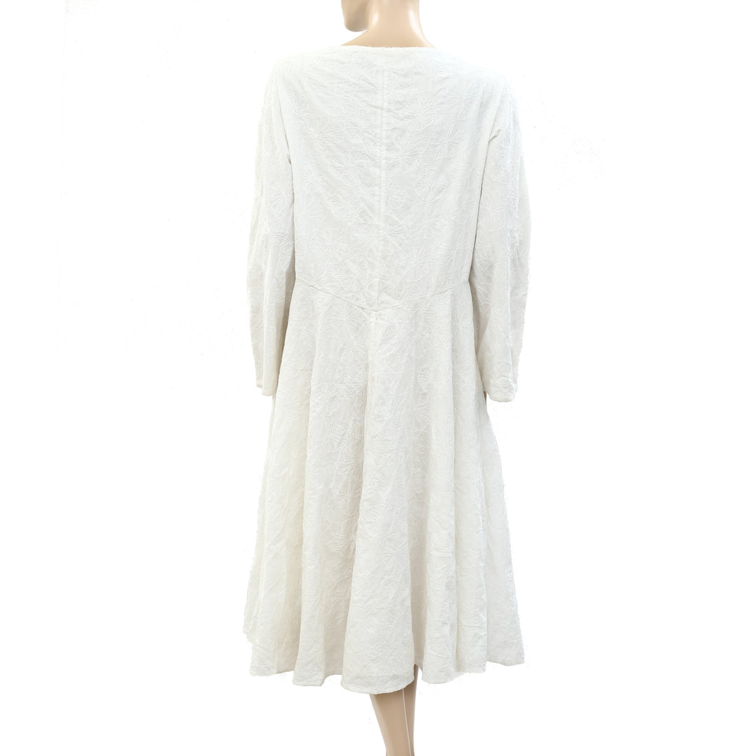 white embroidered swing dress Lacey Long Sleeve Swing Dress in Solid White Smoke for Women