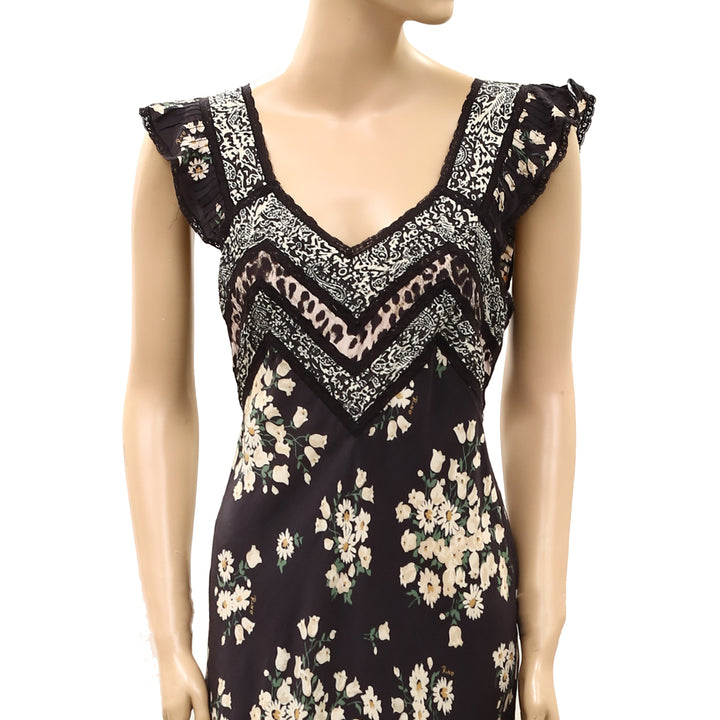 RIXO Bailee Midi Dress Ruffle Lace Mixed Printed