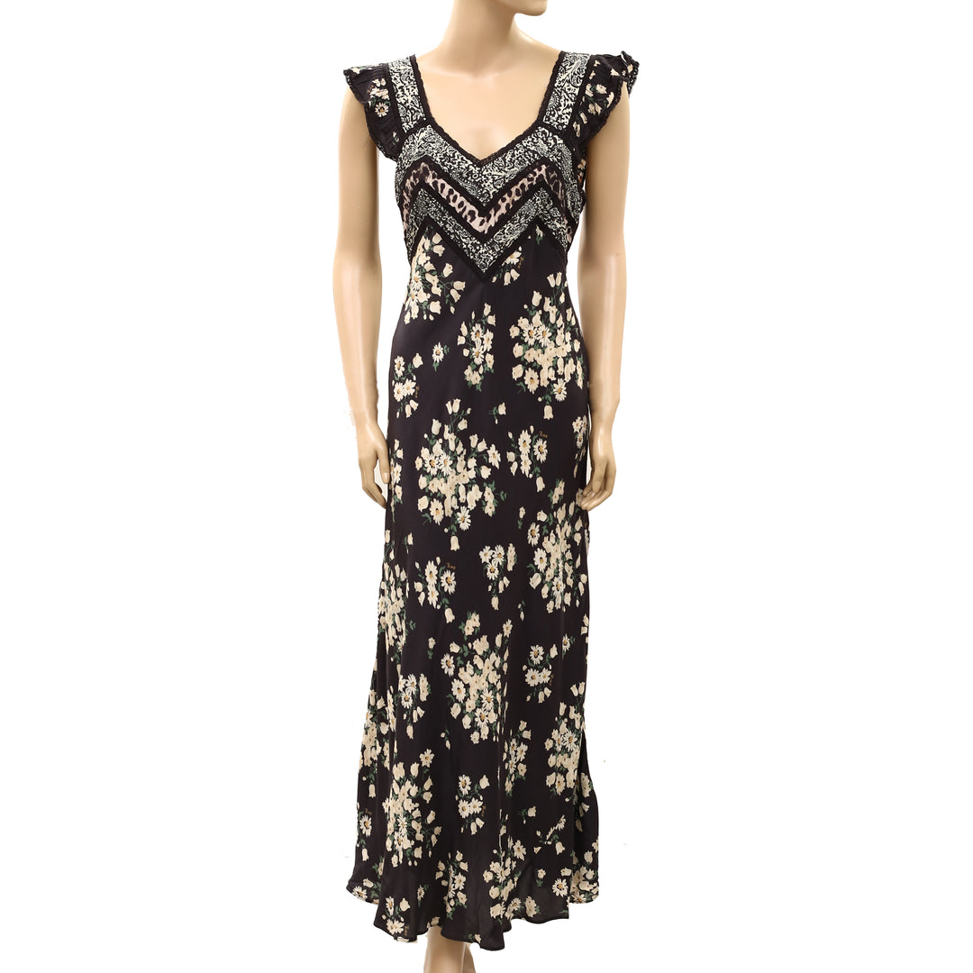 RIXO Bailee Midi Dress Ruffle Lace Mixed Printed