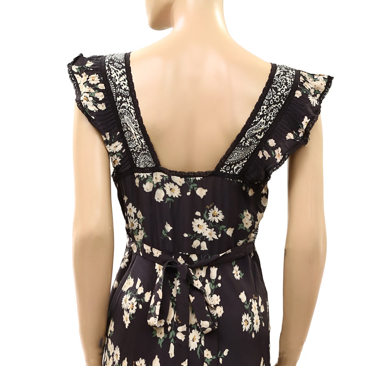 RIXO Bailee Midi Dress Ruffle Lace Mixed Printed