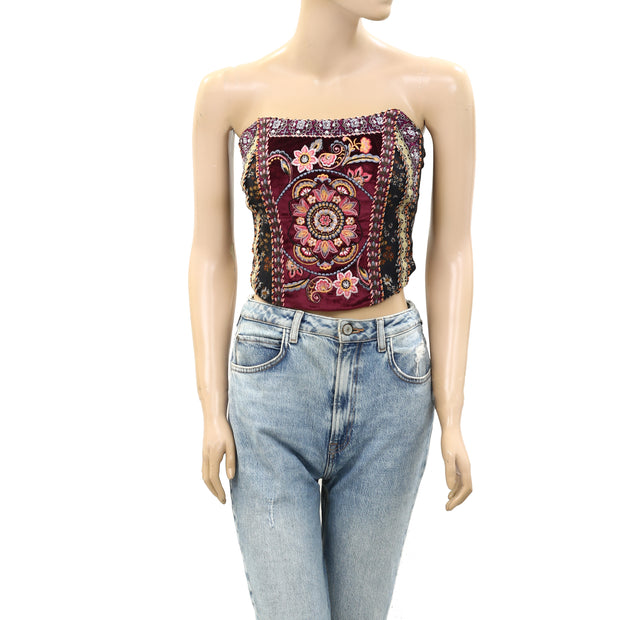 Free People Eleni Floral Embroidered Tube Cropped Blouse Top