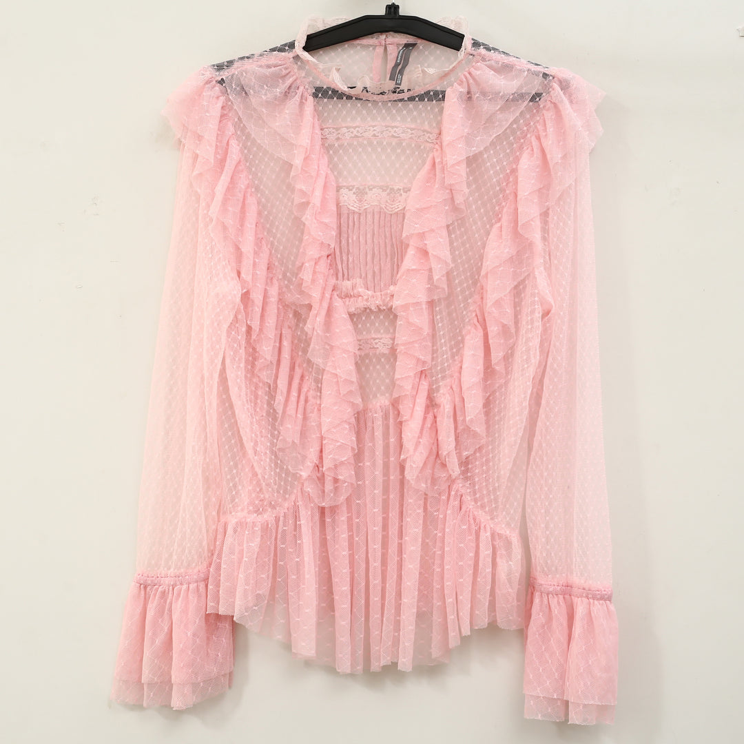 By Anthropologie Long-Sleeve Ruffle Sheer Blouse Top