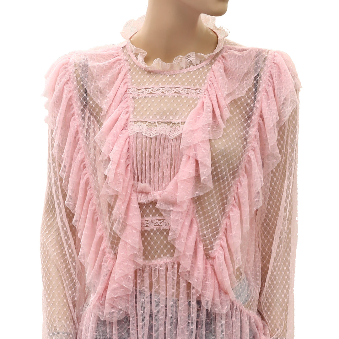 By Anthropologie Long-Sleeve Ruffle Sheer Blouse Top