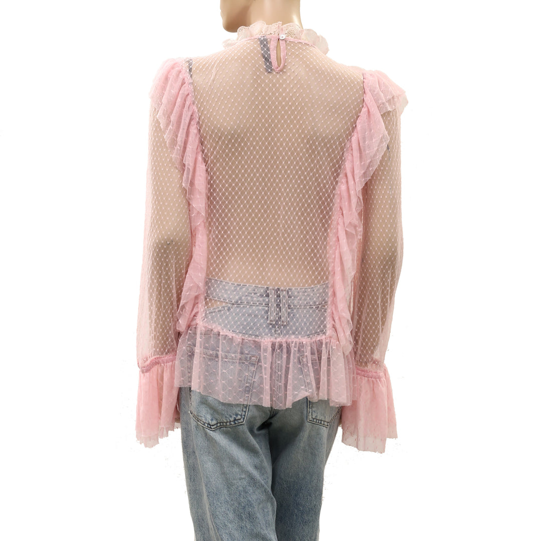 By Anthropologie Long-Sleeve Ruffle Sheer Blouse Top