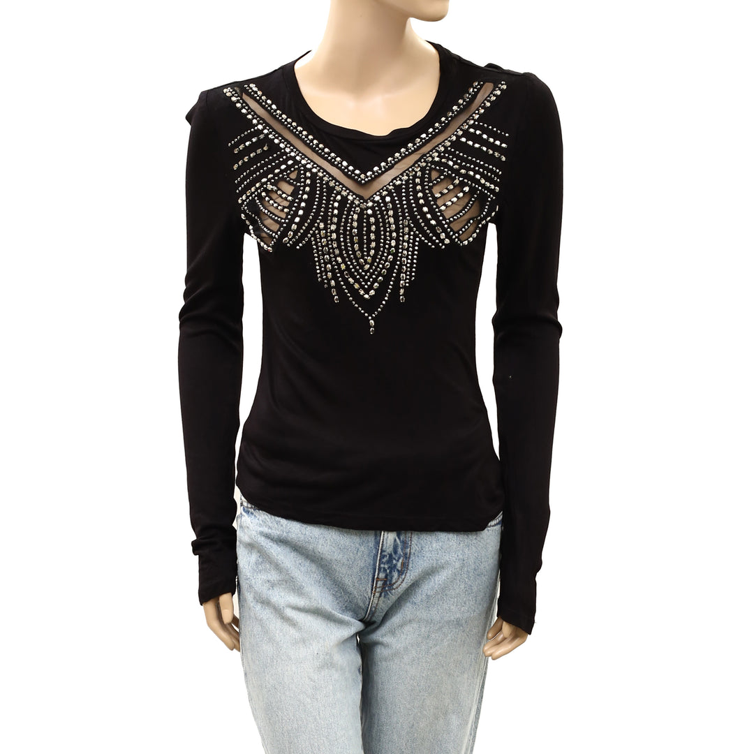 By Anthropologie Long-Sleeve Embellished Beaded Appliqué Blouse Top