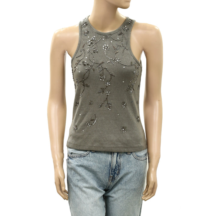Anthropologie Pilcro Sequin Embellished Beaded  Halter Blouse Tank Top