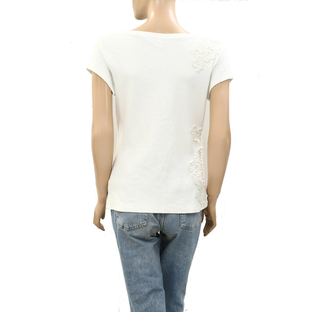 By Anthropologie Lace Appliqué Ribbed Top