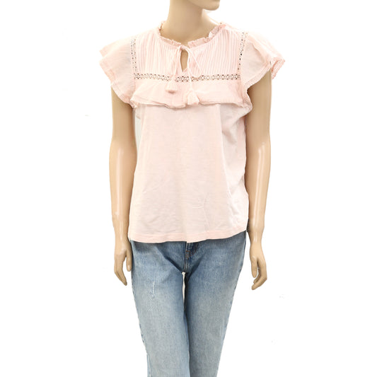 By Anthropologie Pintuck Lace Ruffle Blouse Top