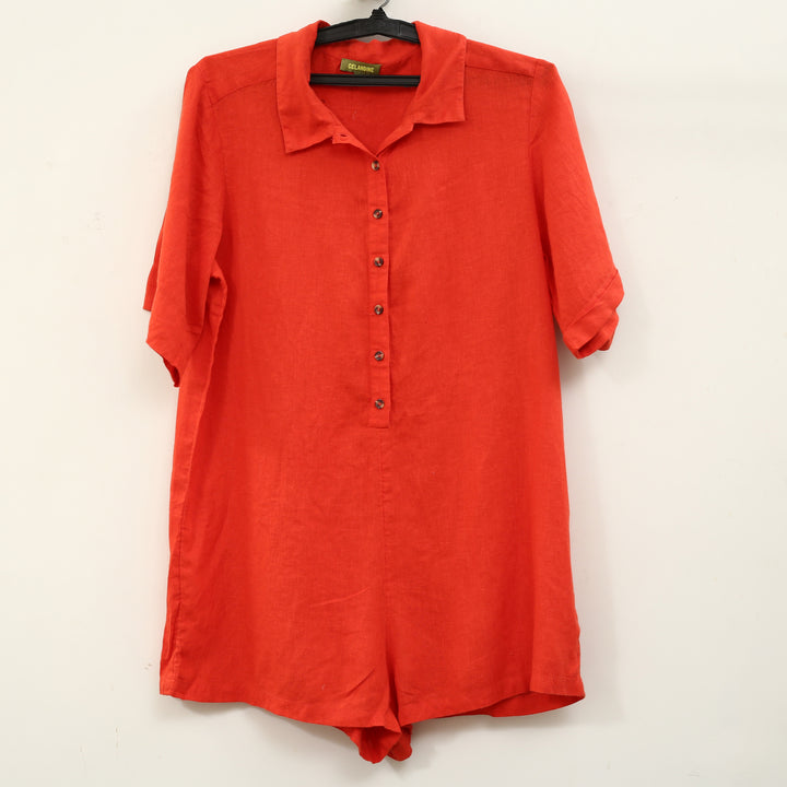 By Anthropologie Celandine Short-Sleeve Collared Linen Romper Dress