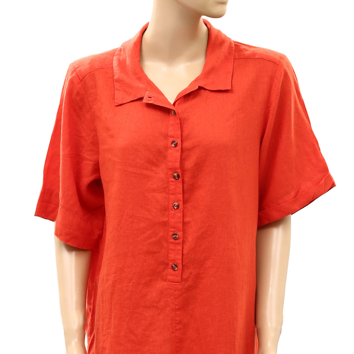 By Anthropologie Celandine Short-Sleeve Collared Linen Romper Dress