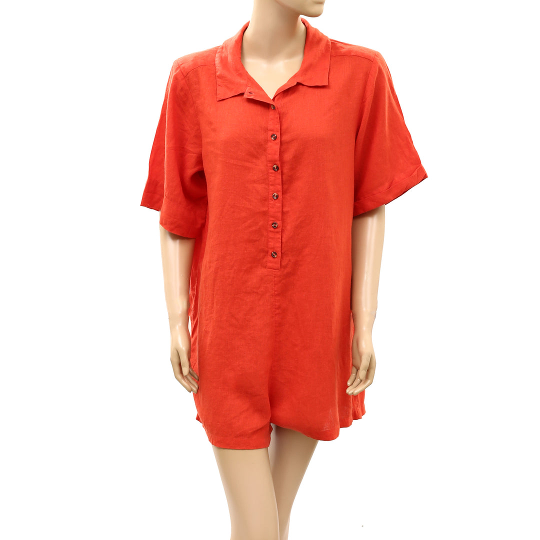 By Anthropologie Celandine Short-Sleeve Collared Linen Romper Dress