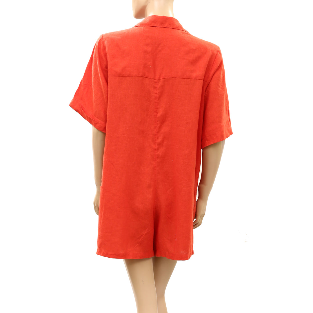 By Anthropologie Celandine Short-Sleeve Collared Linen Romper Dress