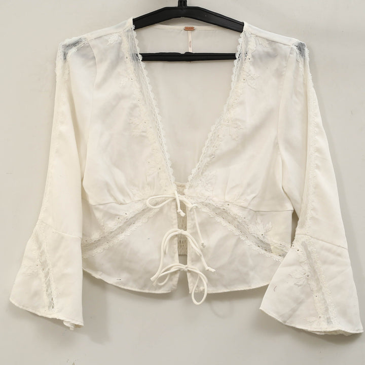 Free People Patchwork Lace Bell Sleeve Cropped Blouse Top