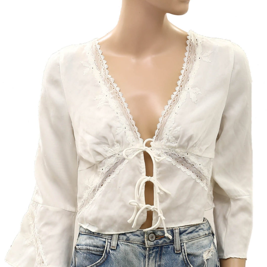 Free People Patchwork Lace Bell Sleeve Cropped Blouse Top