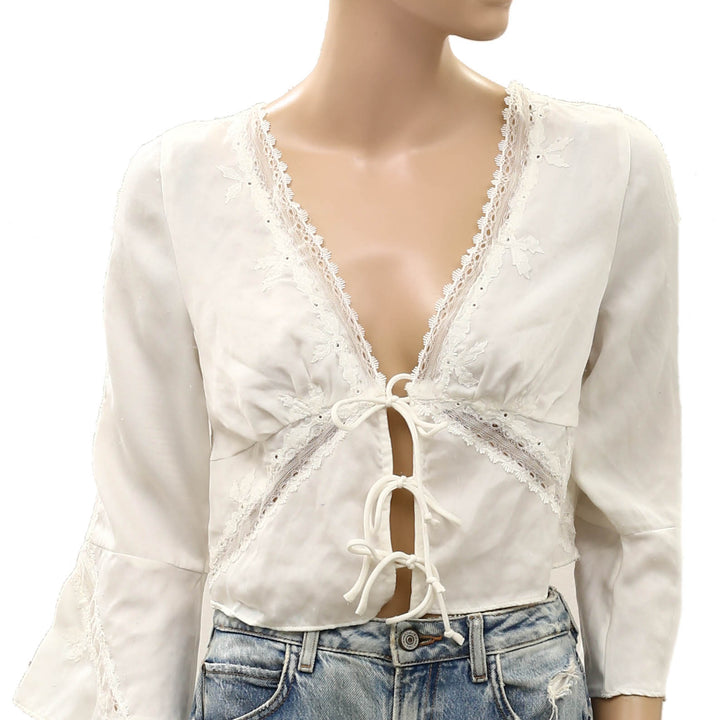 Free People Patchwork Lace Bell Sleeve Cropped Blouse Top