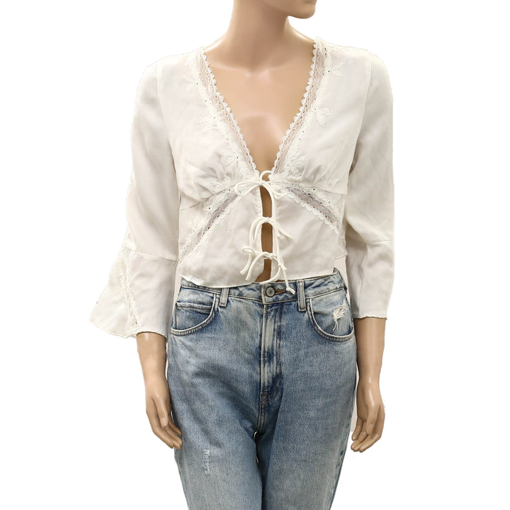 Free People Patchwork Lace Bell Sleeve Cropped Blouse Top