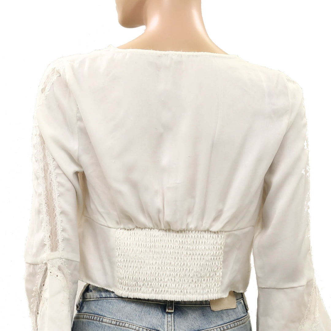 Free People Patchwork Lace Bell Sleeve Cropped Blouse Top