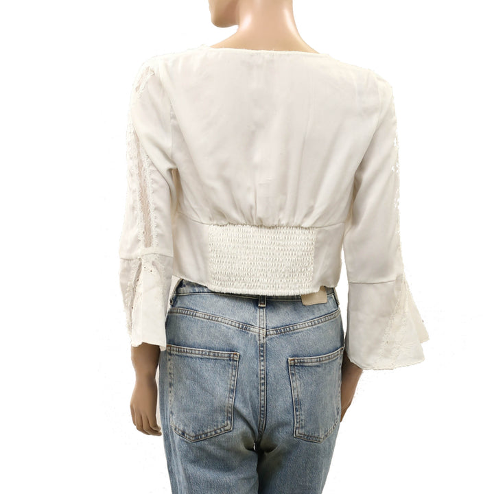 Free People Patchwork Lace Bell Sleeve Cropped Blouse Top