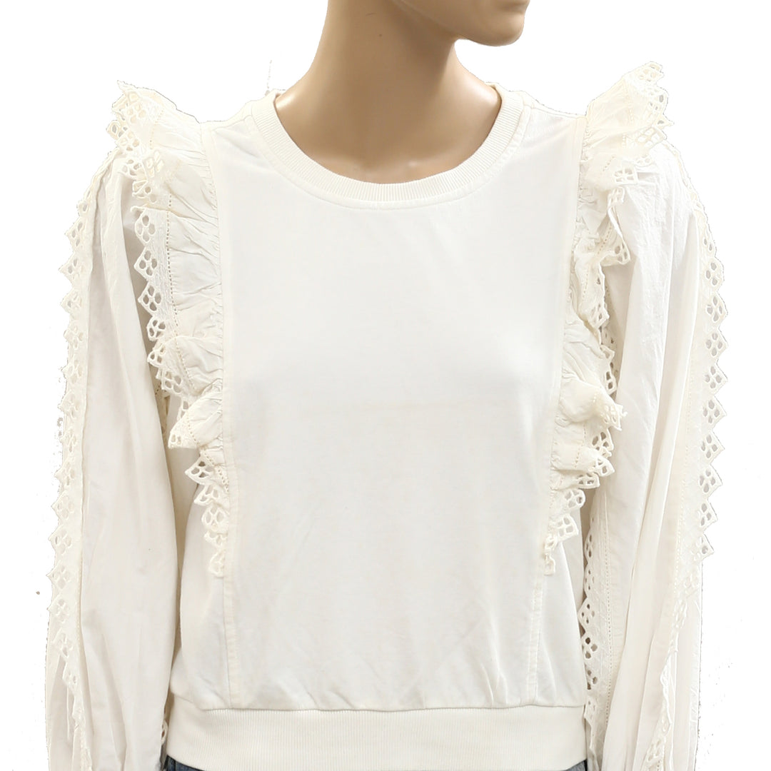 By Anthropologie Ruffle-Sleeve Lace Sweatshirt Top