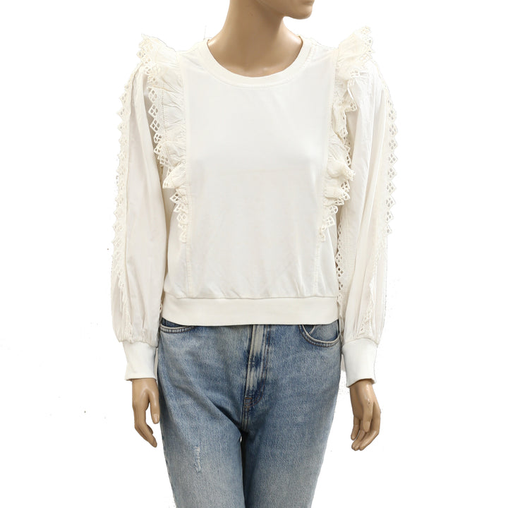 By Anthropologie Ruffle-Sleeve Lace Sweatshirt Top
