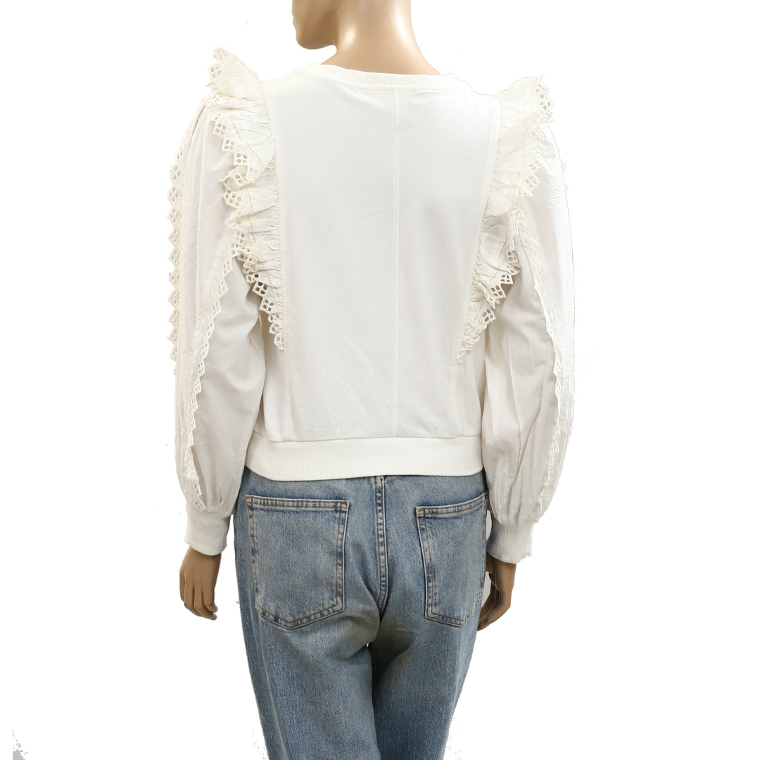 By Anthropologie Ruffle-Sleeve Lace Sweatshirt Top