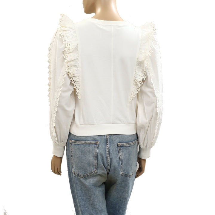 By Anthropologie Ruffle-Sleeve Lace Sweatshirt Top