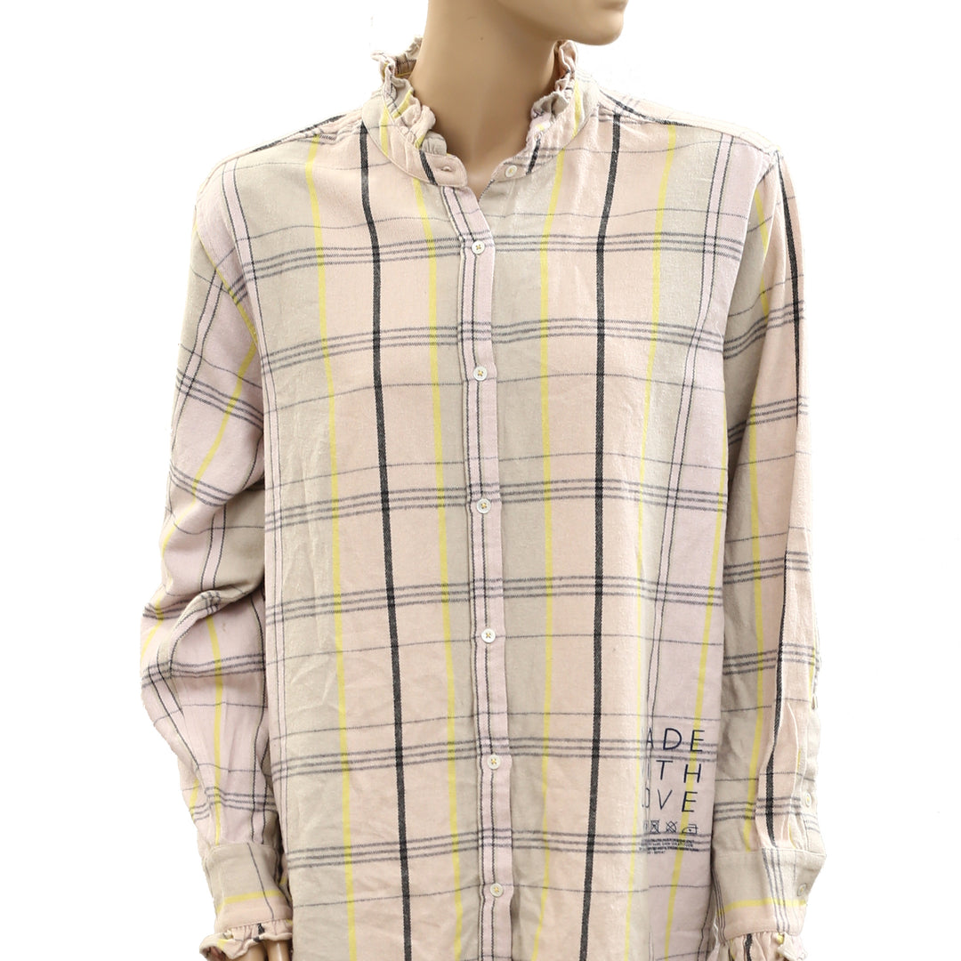 Kerri Rosenthal Flannel Ruffle Cotton Shirt Tunic Top