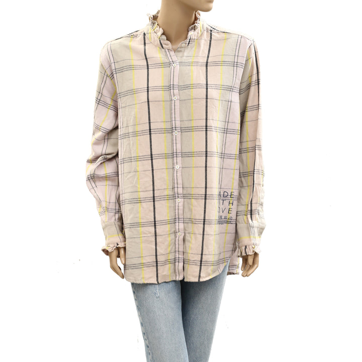 Kerri Rosenthal Flannel Ruffle Cotton Shirt Tunic Top
