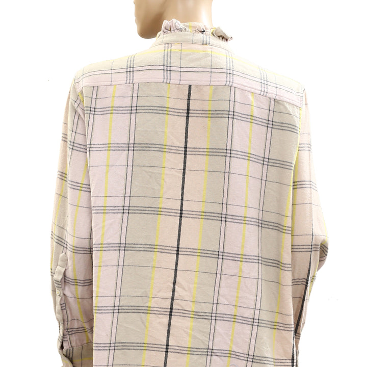 Kerri Rosenthal Flannel Ruffle Cotton Shirt Tunic Top