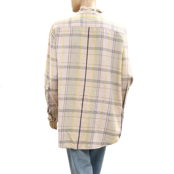 Kerri Rosenthal Flannel Ruffle Cotton Shirt Tunic Top