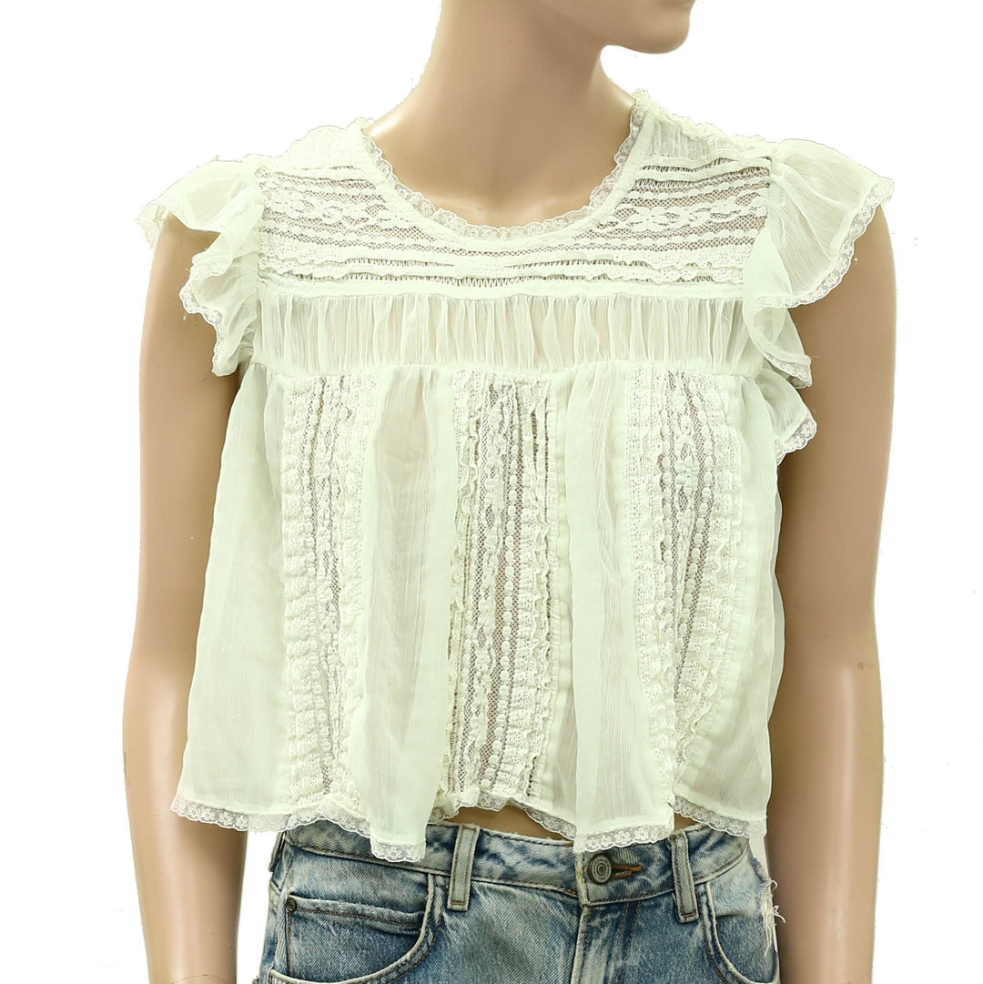 Free People Sun Drenched Sheer Lace Cropped Blouse Top