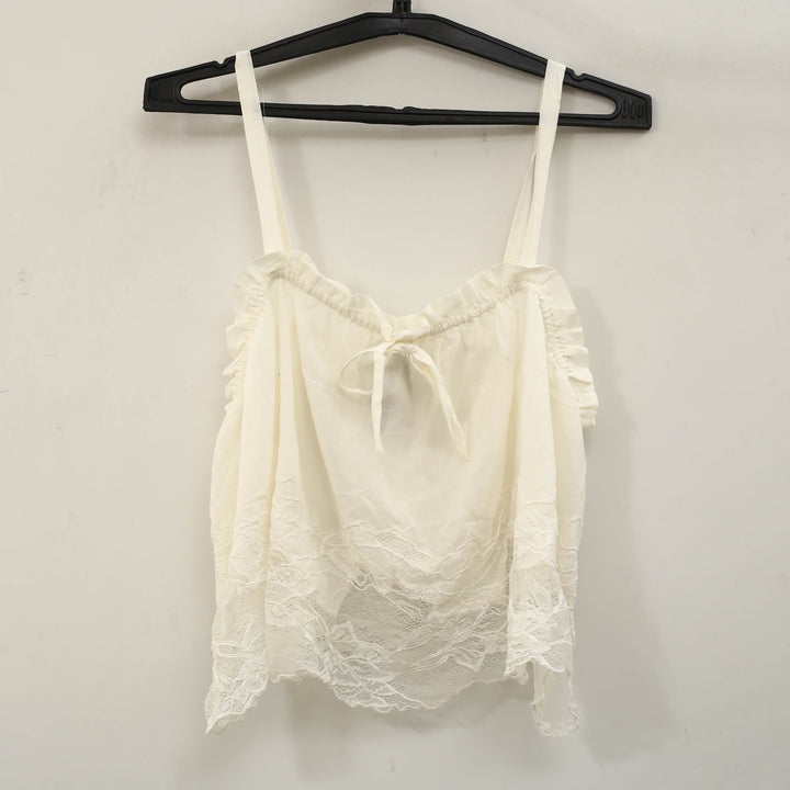 By Anthropologie Sheer Ruffle Floral Lace Cropped Cami Tank Top