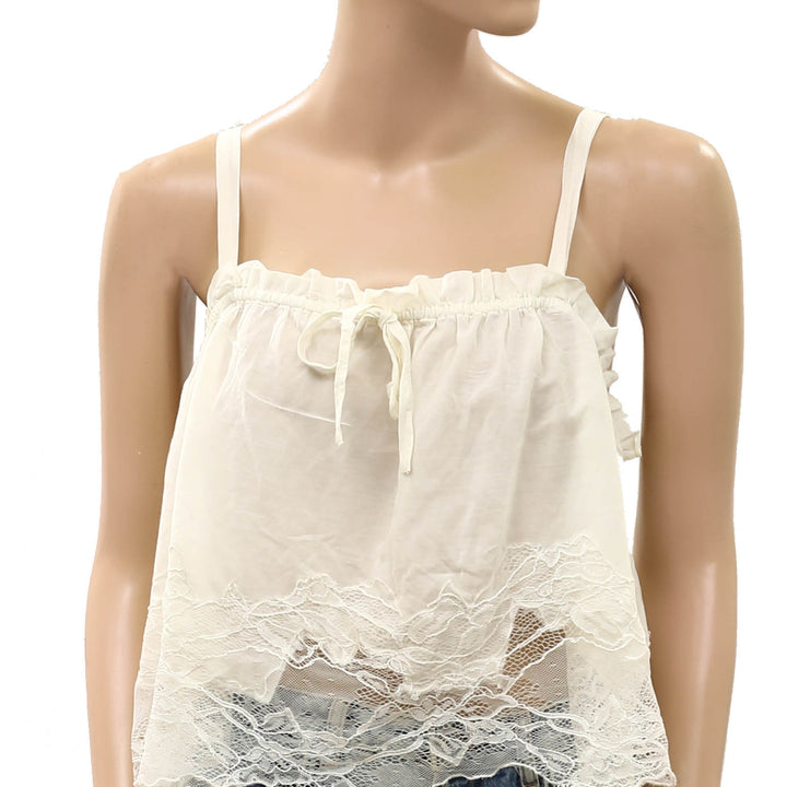By Anthropologie Sheer Ruffle Floral Lace Cropped Cami Tank Top