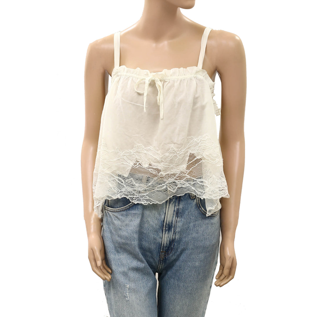 By Anthropologie Sheer Ruffle Floral Lace Cropped Cami Tank Top