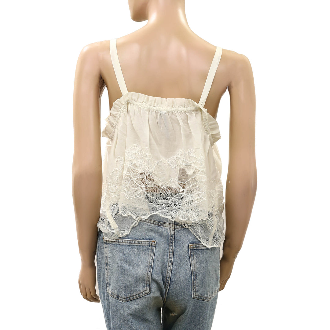 By Anthropologie Sheer Ruffle Floral Lace Cropped Cami Tank Top