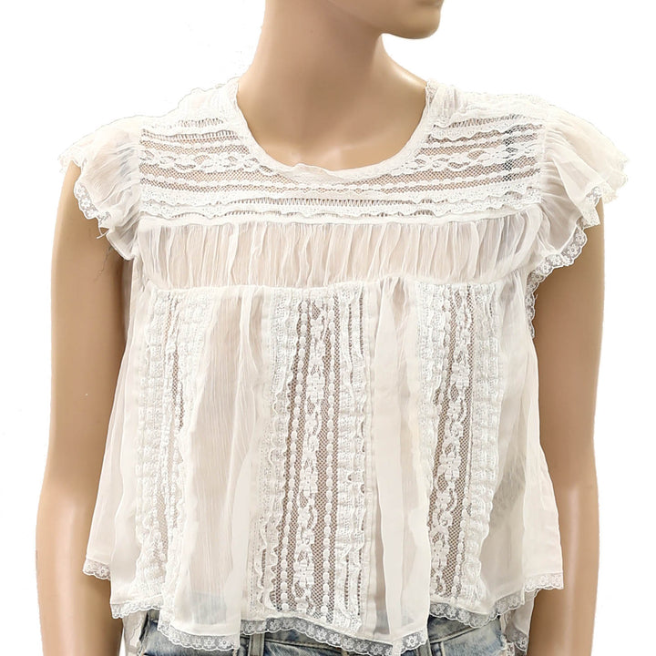 Free People Sun Drenched Sheer Lace Cropped Blouse Top