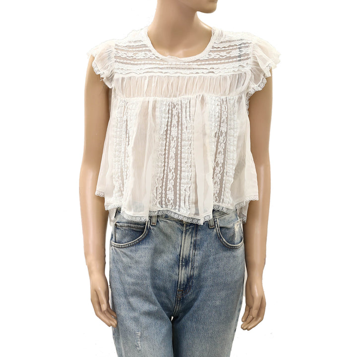 Free People Sun Drenched Sheer Lace Cropped Blouse Top