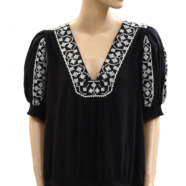 By Anthropologie Puff-Sleeve Embroidered Blouse Top