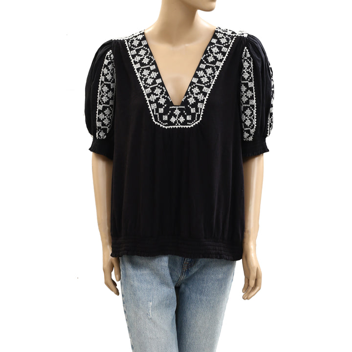 By Anthropologie Puff-Sleeve Embroidered Blouse Top