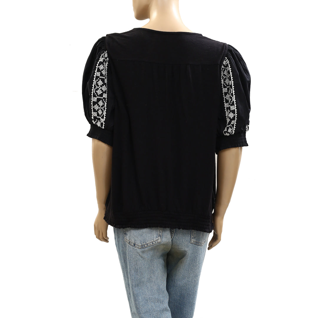 By Anthropologie Puff-Sleeve Embroidered Blouse Top