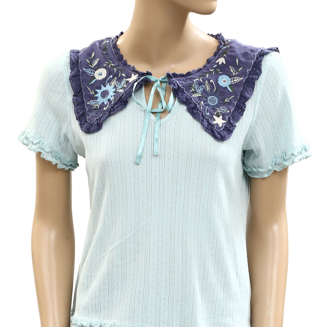 Free People Collared Pointelle T-shirt Blouse Top