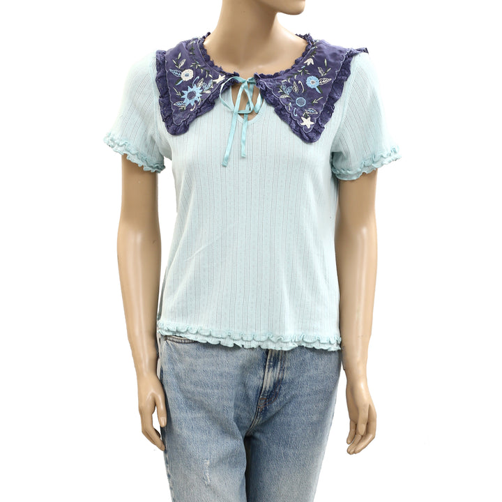 Free People Collared Pointelle T-shirt Blouse Top
