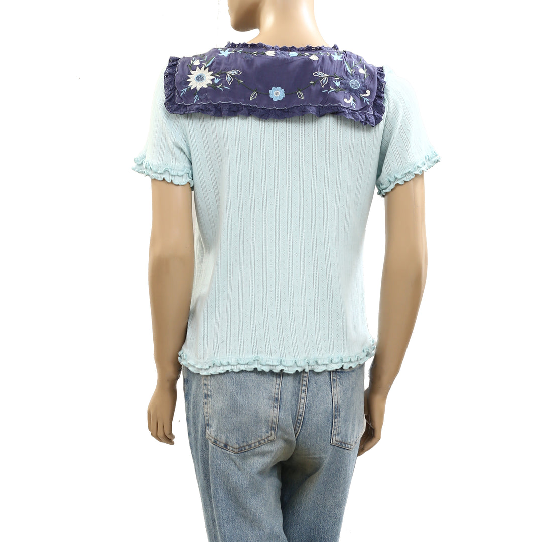 Free People Collared Pointelle T-shirt Blouse Top