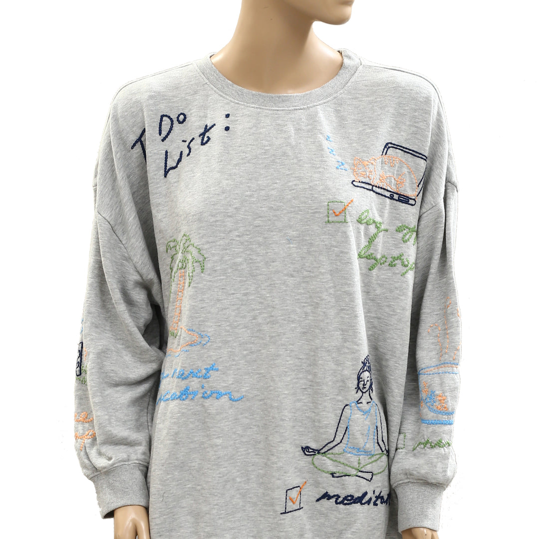 By Anthropologie Embroidered Crew-Neck Sweatshirt Top
