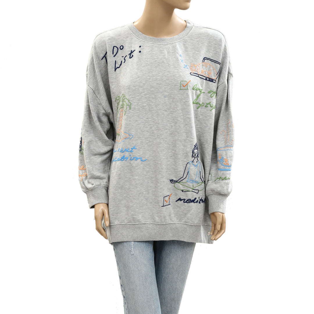 By Anthropologie Embroidered Crew-Neck Sweatshirt Top
