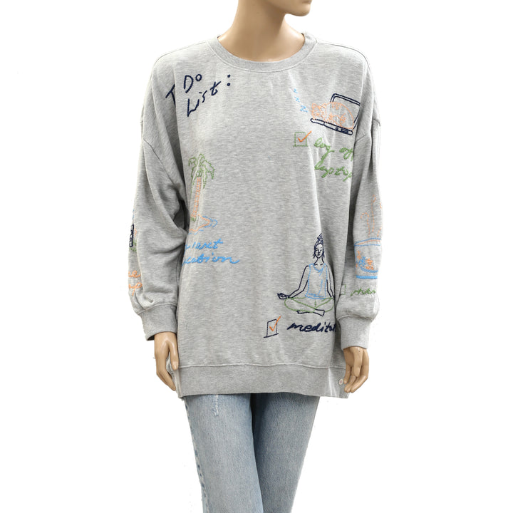 By Anthropologie Embroidered Crew-Neck Sweatshirt Top